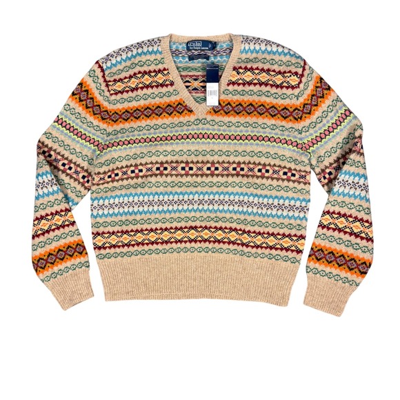 NEW Polo Ralph Lauren Mens Fair Isle V Neck Sweater Hand Knit Wool Blend XL